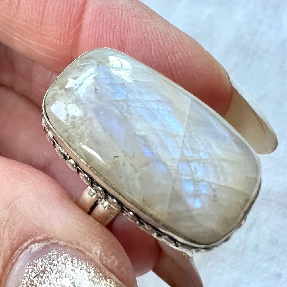 925 *flaw* Blue Flash PEACH MOONSTONE Ring 7.5 - Picture 3 of 12